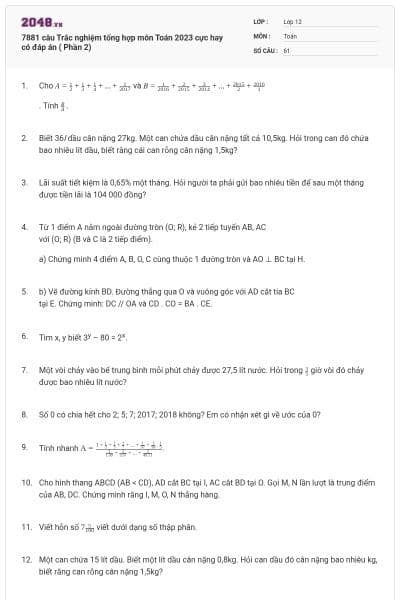 7881 câu Trắc nghiệm tổng hợp môn Toán 2023 cực hay có đáp án ( Phần 2)