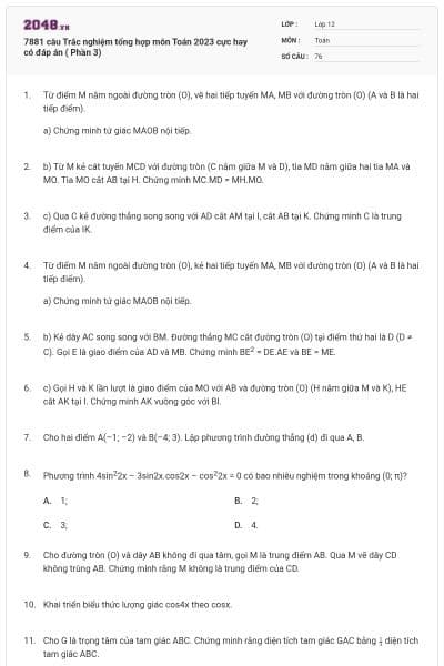 7881 câu Trắc nghiệm tổng hợp môn Toán 2023 cực hay có đáp án ( Phần 3)