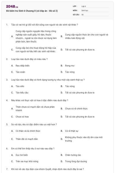 Đề kiểm tra Sinh 6 Chương 8 (có đáp án - Đề số 2)