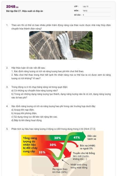 Bài tập Bài 27. Hiệu suất có đáp án
