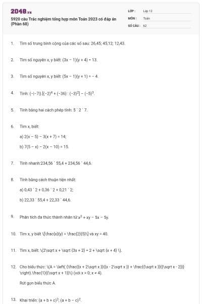 5920 câu Trắc nghiệm tổng hợp môn Toán 2023 có đáp án (Phần 68)