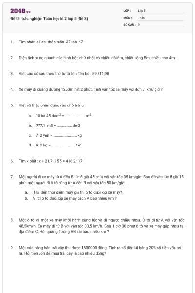 Đề thi trắc nghiệm Toán học kì 2 lớp 5 (Đề 3)