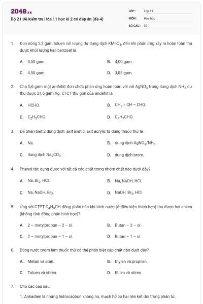 Bộ 21 Đề kiểm tra Hóa 11 học kì 2 có đáp án (đề 4)