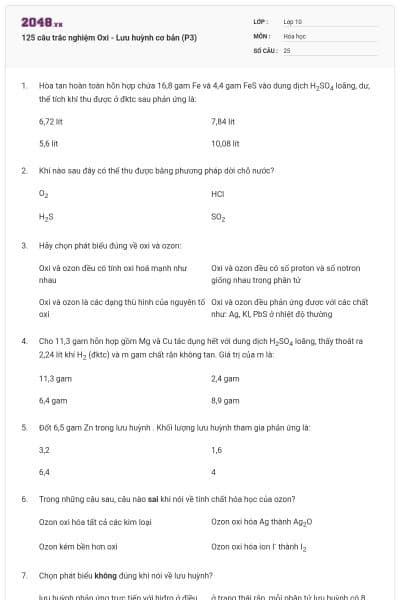 125 câu trắc nghiệm Oxi - Lưu huỳnh cơ bản (P3)