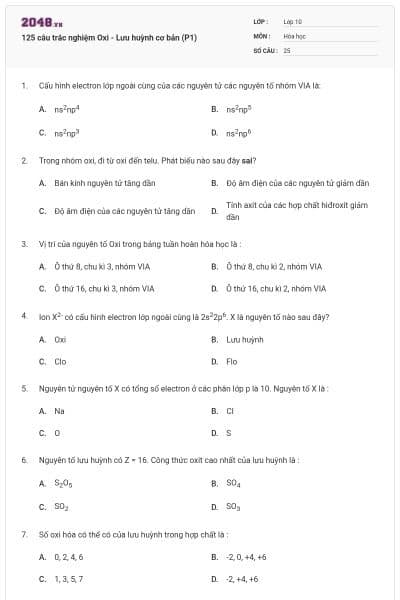 125 câu trắc nghiệm Oxi - Lưu huỳnh cơ bản (P1)