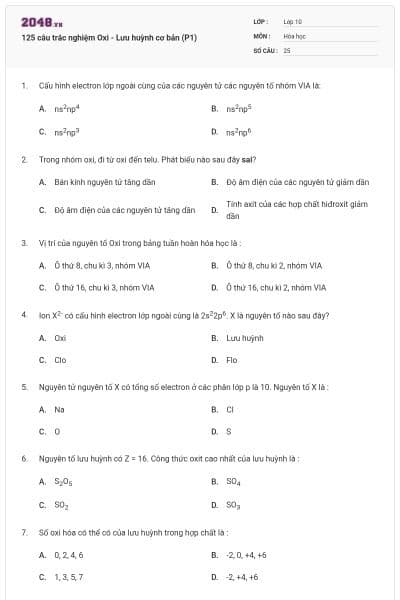 125 câu trắc nghiệm Oxi - Lưu huỳnh cơ bản (P1)