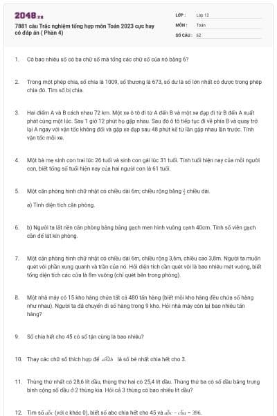 7881 câu Trắc nghiệm tổng hợp môn Toán 2023 cực hay có đáp án ( Phần 4)