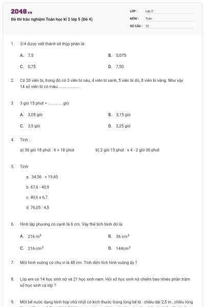 Đề thi trắc nghiệm Toán học kì 2 lớp 5 (Đề 4)