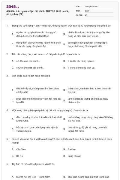 480 Câu trắc nghiệm Địa Lí từ đề thi THPTQG 2019 có đáp án cực hay (P8)