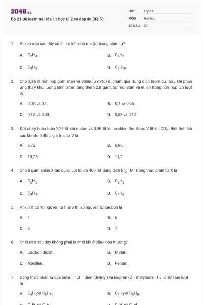 Bộ 21 Đề kiểm tra Hóa 11 học kì 2 có đáp án (đề 5)