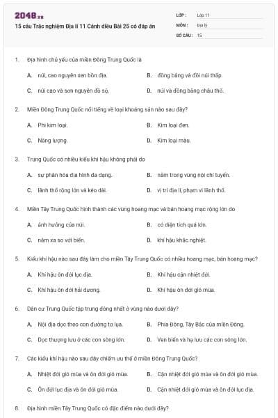 15 câu Trắc nghiệm Địa lí 11 Cánh diều Bài 25 có đáp án