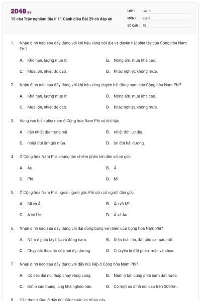 15 câu Trắc nghiệm Địa lí 11 Cánh diều Bài 29 có đáp án