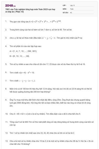 7881 câu  Trắc nghiệm tổng hợp môn Toán 2023 cực hay có đáp án ( Phần 10)