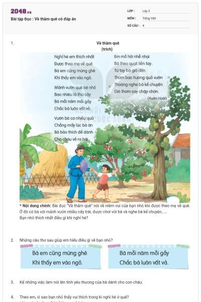 Bài tập Đọc : Về thăm quê có đáp án