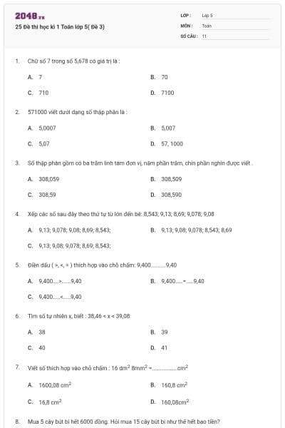 25 Đề thi học kì 1 Toán lớp 5( Đề 3)
