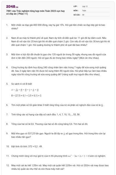 7881 câu Trắc nghiệm tổng hợp môn Toán 2023 cực hay có đáp án ( Phần 11)