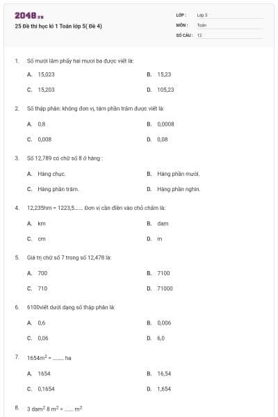 25 Đề thi học kì 1 Toán lớp 5( Đề 4)