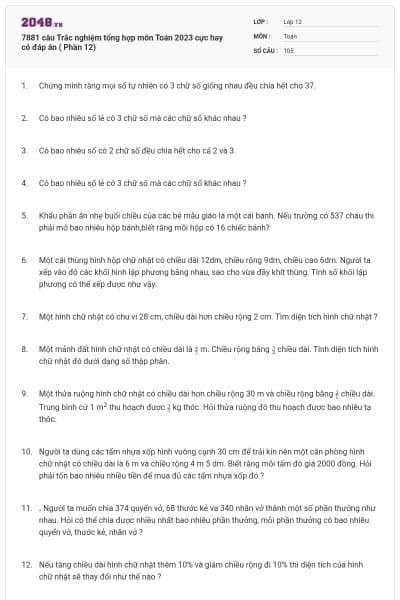 7881 câu  Trắc nghiệm tổng hợp môn Toán 2023 cực hay có đáp án ( Phần 12)