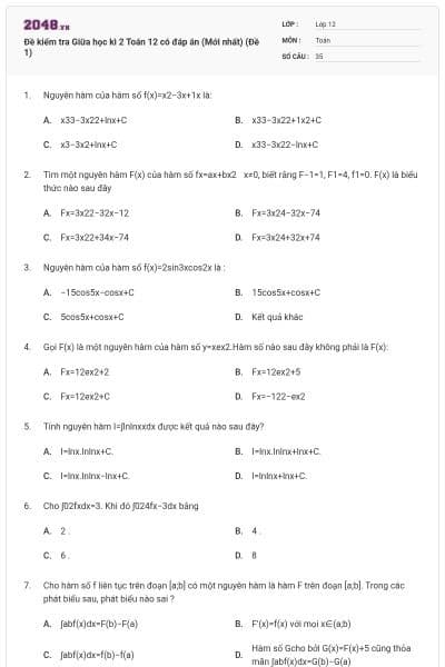 Đề kiểm tra Giữa học kì 2 Toán 12 có đáp án (Mới nhất) (Đề 1)