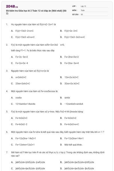 Đề kiểm tra Giữa học kì 2 Toán 12 có đáp án (Mới nhất) (Đề 2)