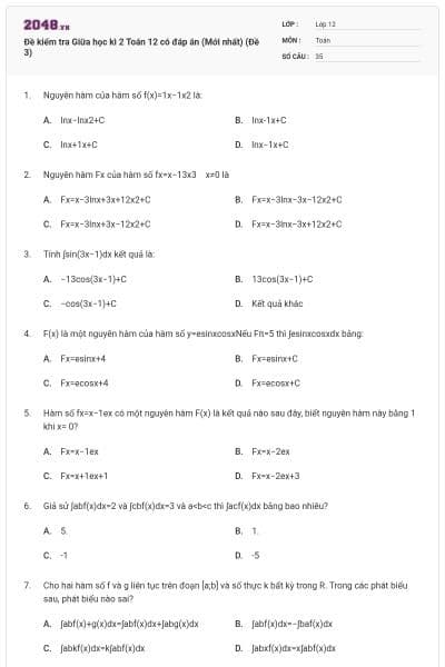 Đề kiểm tra Giữa học kì 2 Toán 12 có đáp án (Mới nhất) (Đề 3)
