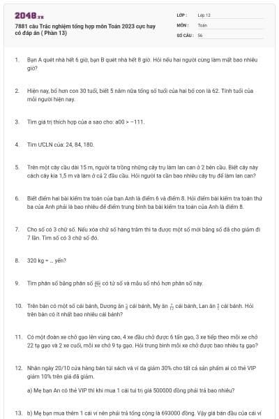 7881 câu  Trắc nghiệm tổng hợp môn Toán 2023 cực hay có đáp án ( Phần 13)