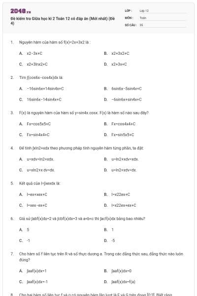 Đề kiểm tra Giữa học kì 2 Toán 12 có đáp án (Mới nhất) (Đề 4)