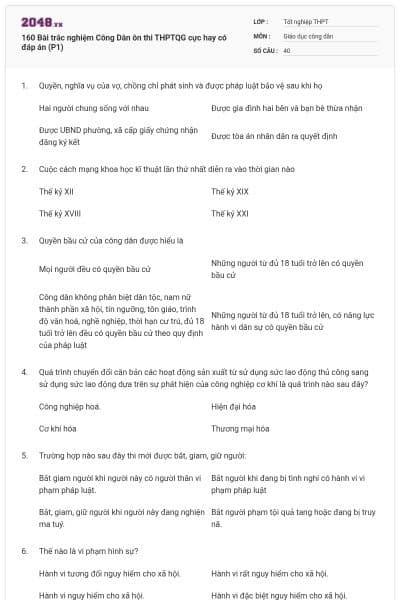 160 Bài trắc nghiệm Công Dân ôn thi THPTQG cực hay có đáp án (P1)