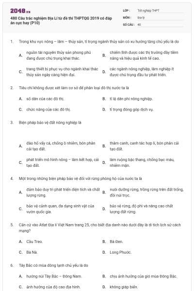 480 Câu trắc nghiệm Địa Lí từ đề thi THPTQG 2019 có đáp án cực hay (P10)