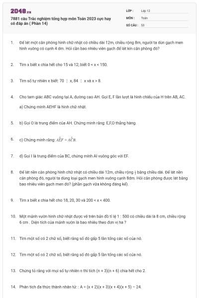 7881 câu Trắc nghiệm tổng hợp môn Toán 2023 cực hay có đáp án ( Phần 14)