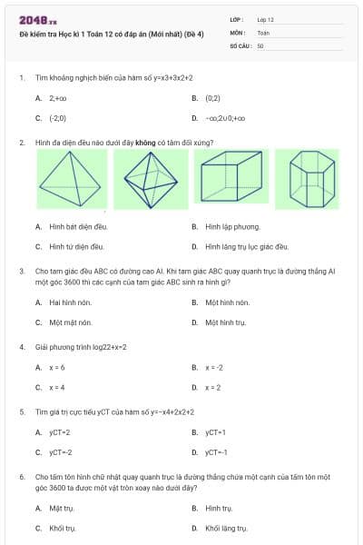 Đề kiểm tra Học kì 1 Toán 12 có đáp án (Mới nhất) (Đề 4)