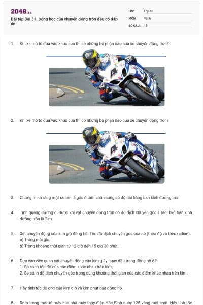 Bài tập Bài 31. Động học của chuyển động tròn đều có đáp án
