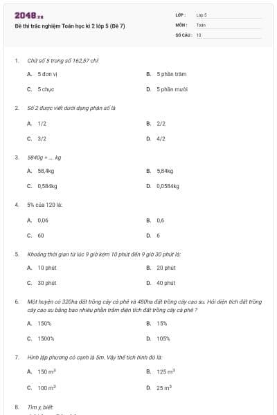 Đề thi trắc nghiệm Toán học kì 2 lớp 5 (Đề 7)