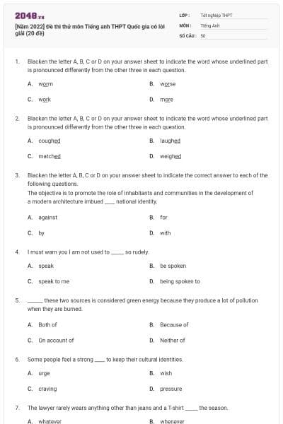 [Năm 2022] Đề thi thử môn Tiếng anh THPT Quốc gia có lời giải (20 đề)
