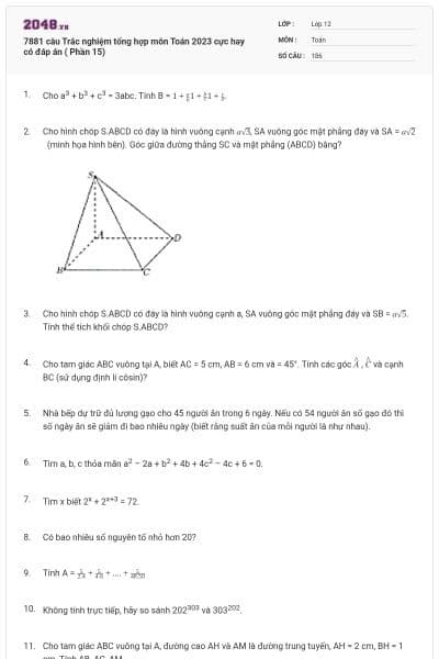 7881 câu  Trắc nghiệm tổng hợp môn Toán 2023 cực hay có đáp án ( Phần 15)
