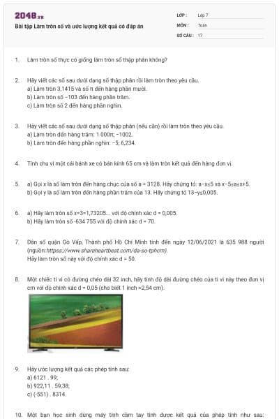 Bài tập Làm tròn số và ước lượng kết quả có đáp án