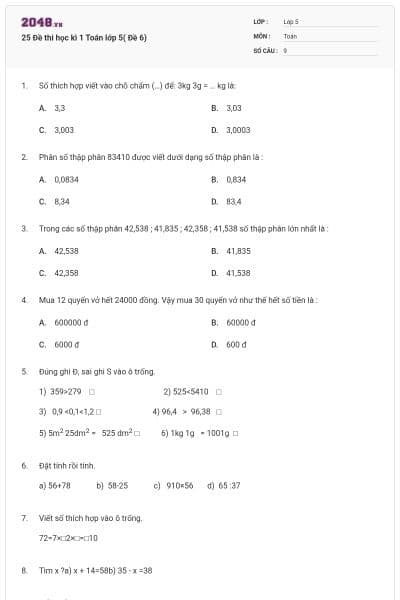 25 Đề thi học kì 1 Toán lớp 5( Đề 6)