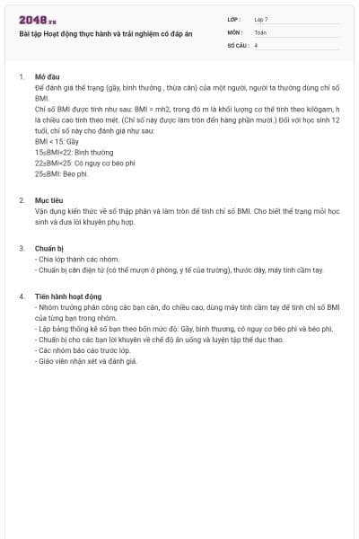 Bài tập Hoạt động thực hành và trải nghiệm có đáp án