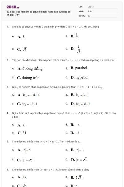 233 Bài trắc nghiệm số phức cơ bản, nâng cao cực hay có lời giải (P9)