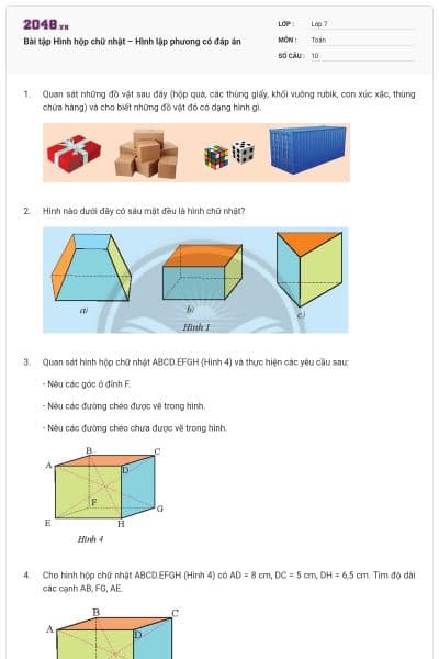 Bài tập Hình hộp chữ nhật – Hình lập phương có đáp án