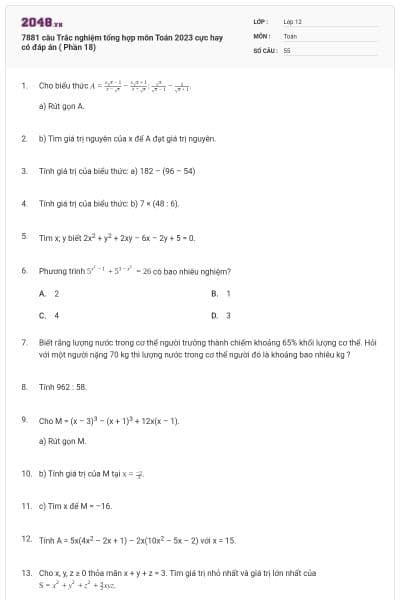7881 câu  Trắc nghiệm tổng hợp môn Toán 2023 cực hay có đáp án ( Phần 18)