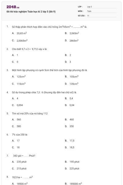 Đề thi trắc nghiệm Toán học kì 2 lớp 5 (Đề 9)