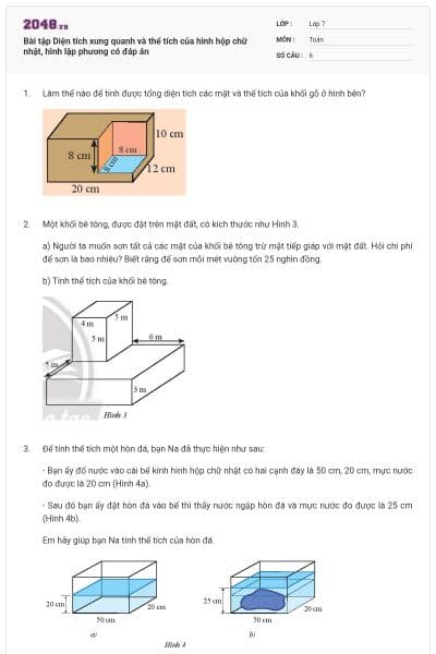 Bài tập Diện tích xung quanh và thể tích của hình hộp chữ nhật, hình lập phương có đáp án