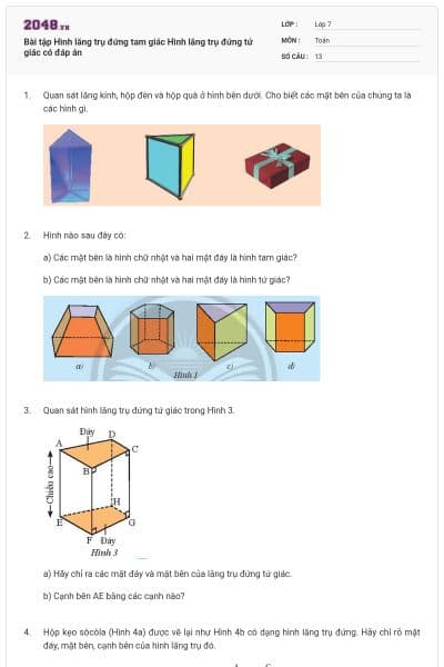 Bài tập Hình lăng trụ đứng tam giác Hình lăng trụ đứng tứ giác có đáp án