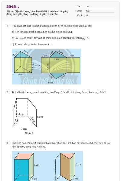 Bài tập Diện tích xung quanh và thể tích của  hình lăng trụ đứng tam giác, lăng trụ đứng tứ giác có đáp án