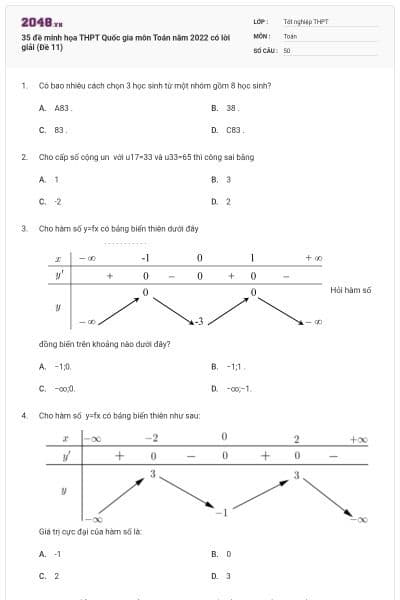 35 đề minh họa THPT Quốc gia môn Toán năm 2022 có lời giải (Đề 11)