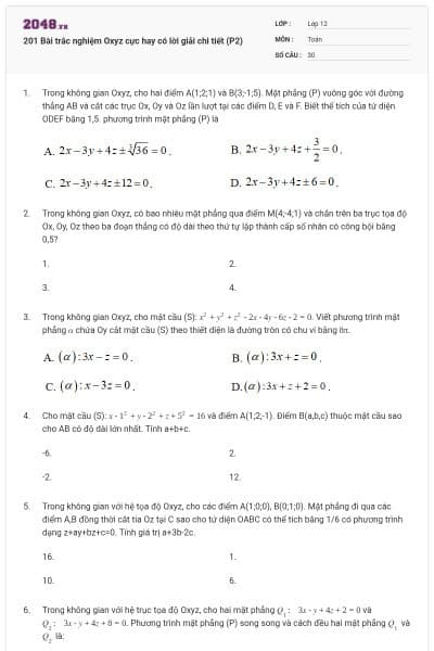 201 Bài trắc nghiệm Oxyz cực hay có lời giải chi tiết (P2)