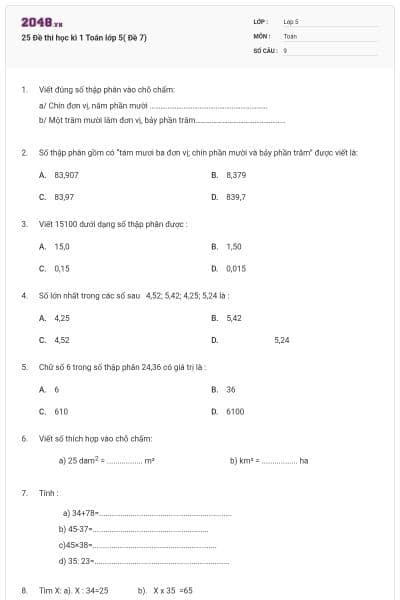 25 Đề thi học kì 1 Toán lớp 5( Đề 7)
