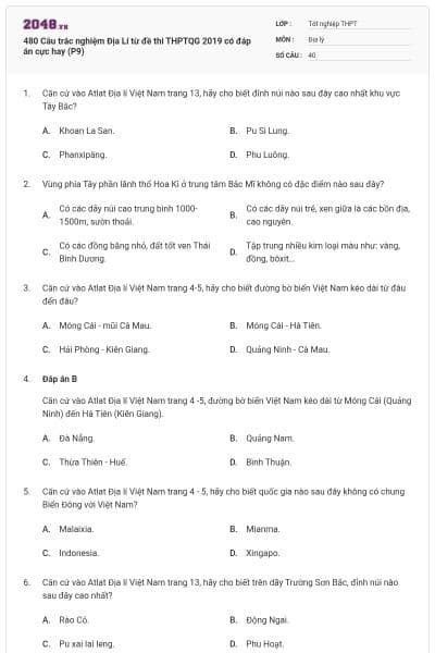 480 Câu trắc nghiệm Địa Lí từ đề thi THPTQG 2019 có đáp án cực hay (P9)