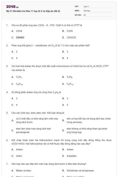 Bộ 21 Đề kiểm tra Hóa 11 học kì 2 có đáp án (đề 6)